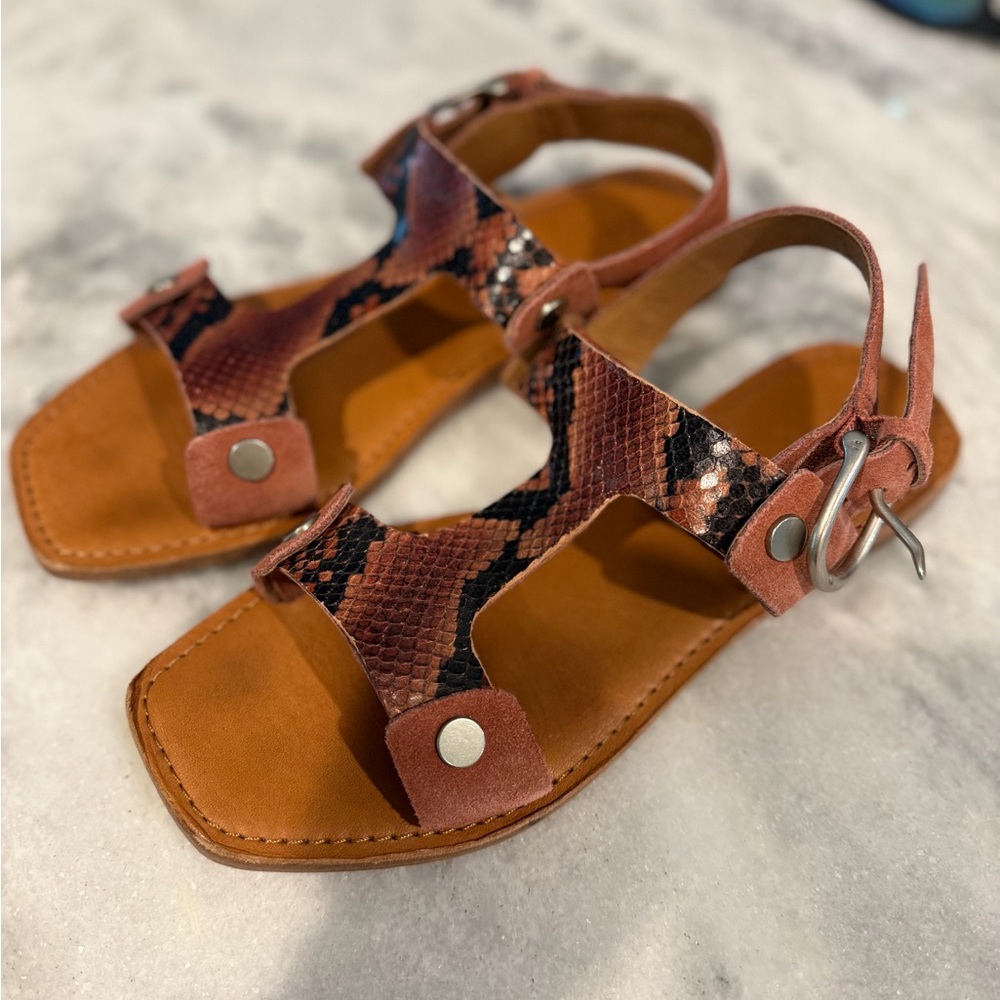 Frye Rust Snake-Print Leather T-Strap Sandals